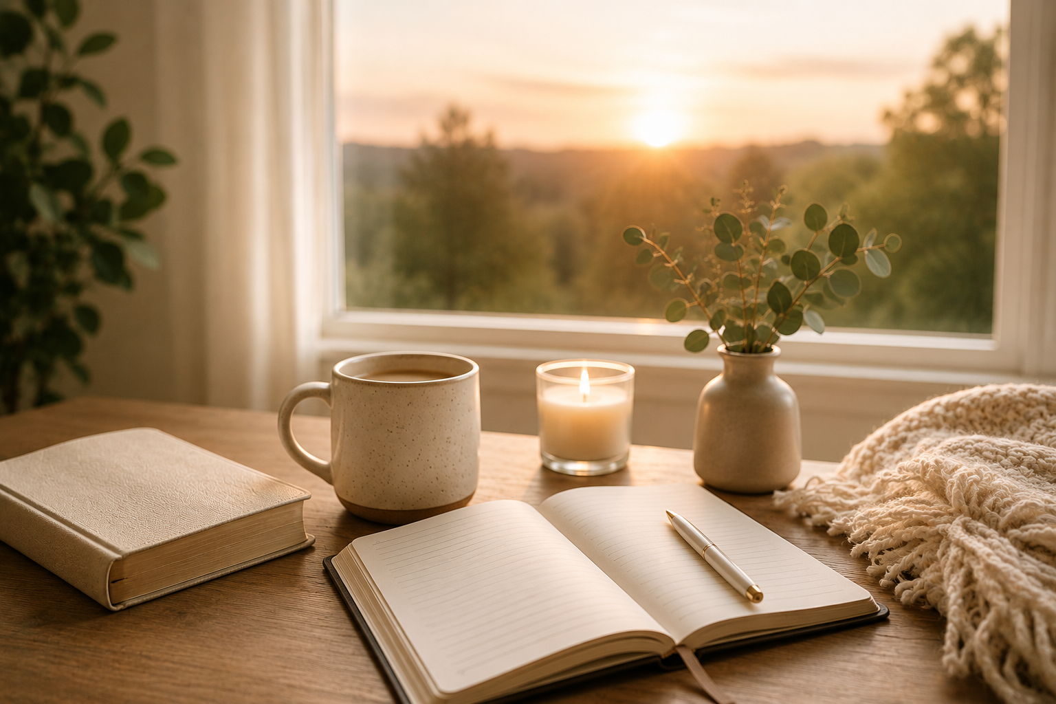 Open prayer journal and a warm mug on a wooden table, bathed in soft morning light.